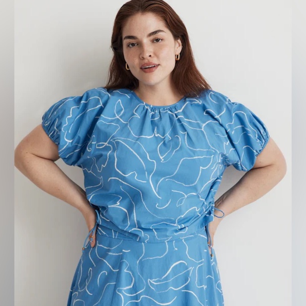 NWT Madewell Blue Plus Poplin Puff-Sleeve Cutout Crop Top in Linear Bloom